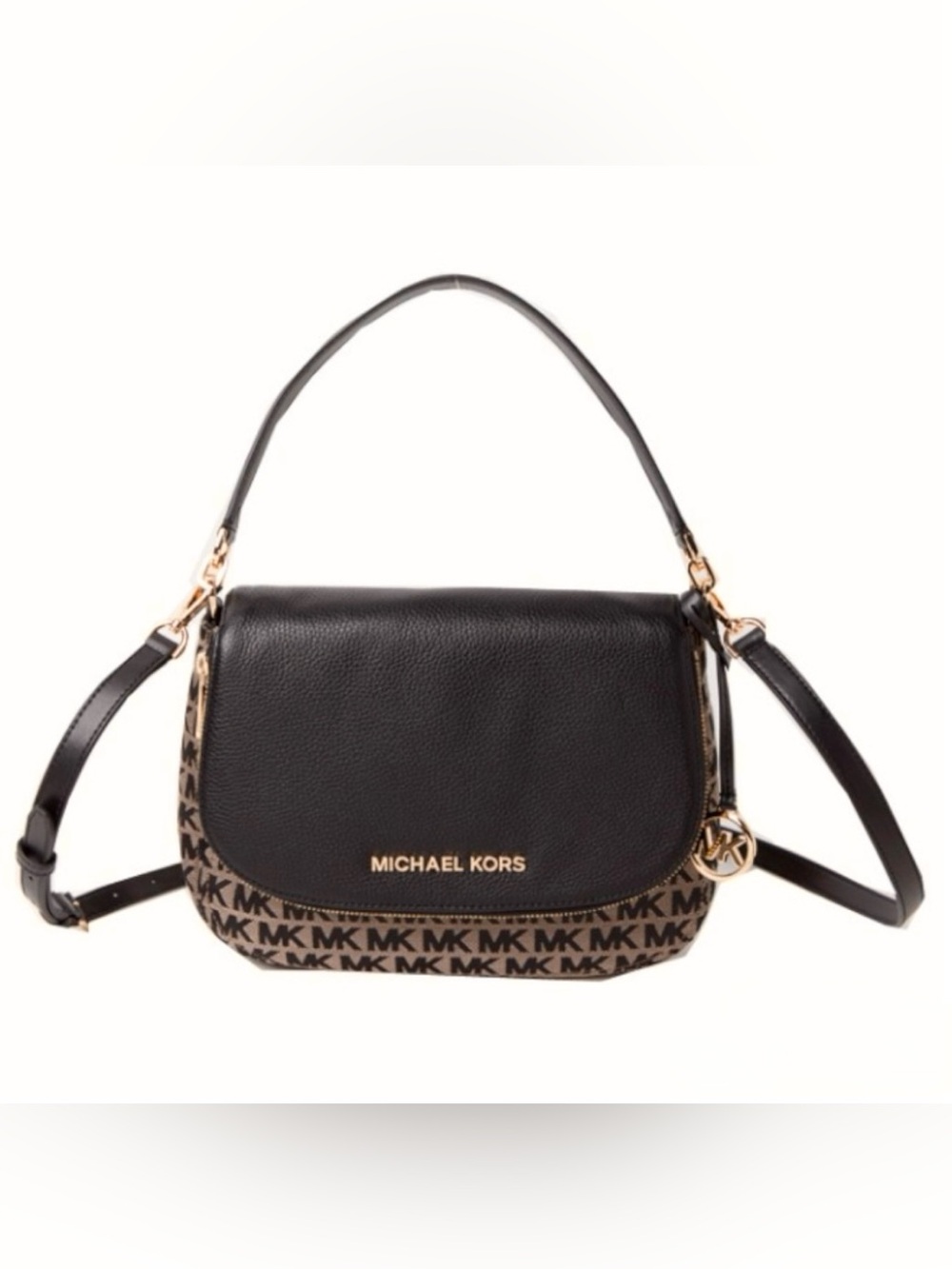 Michael Kors Black Leather & Brown MK Signature Crossbody Bag